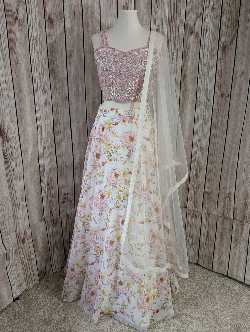 Floral white and Pink Lehenga Choli